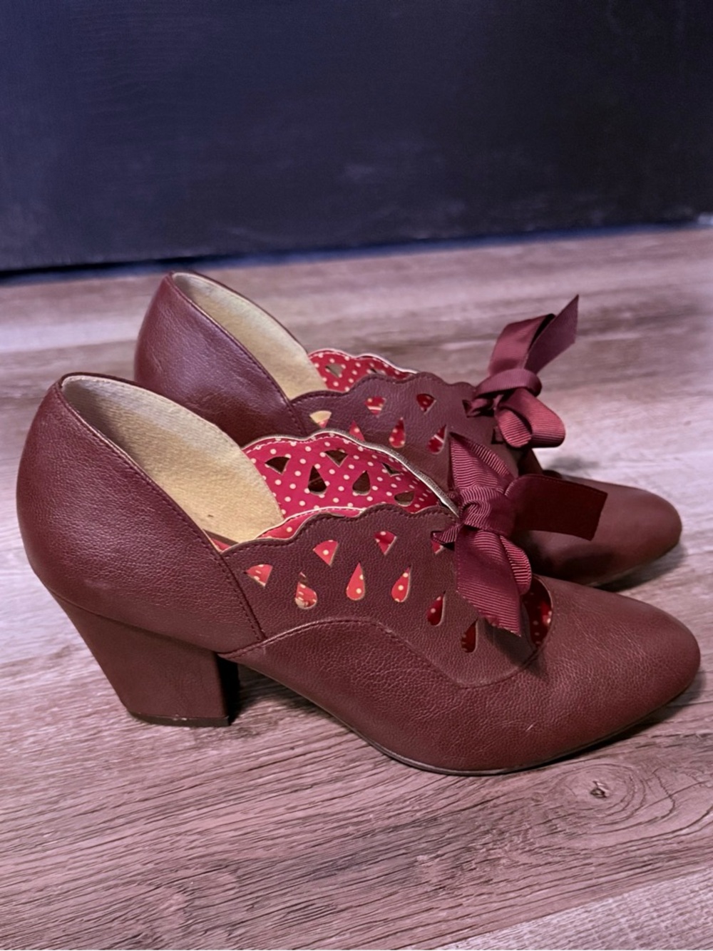 Elegant Burgundy Lace-Up Block Heel Pumps